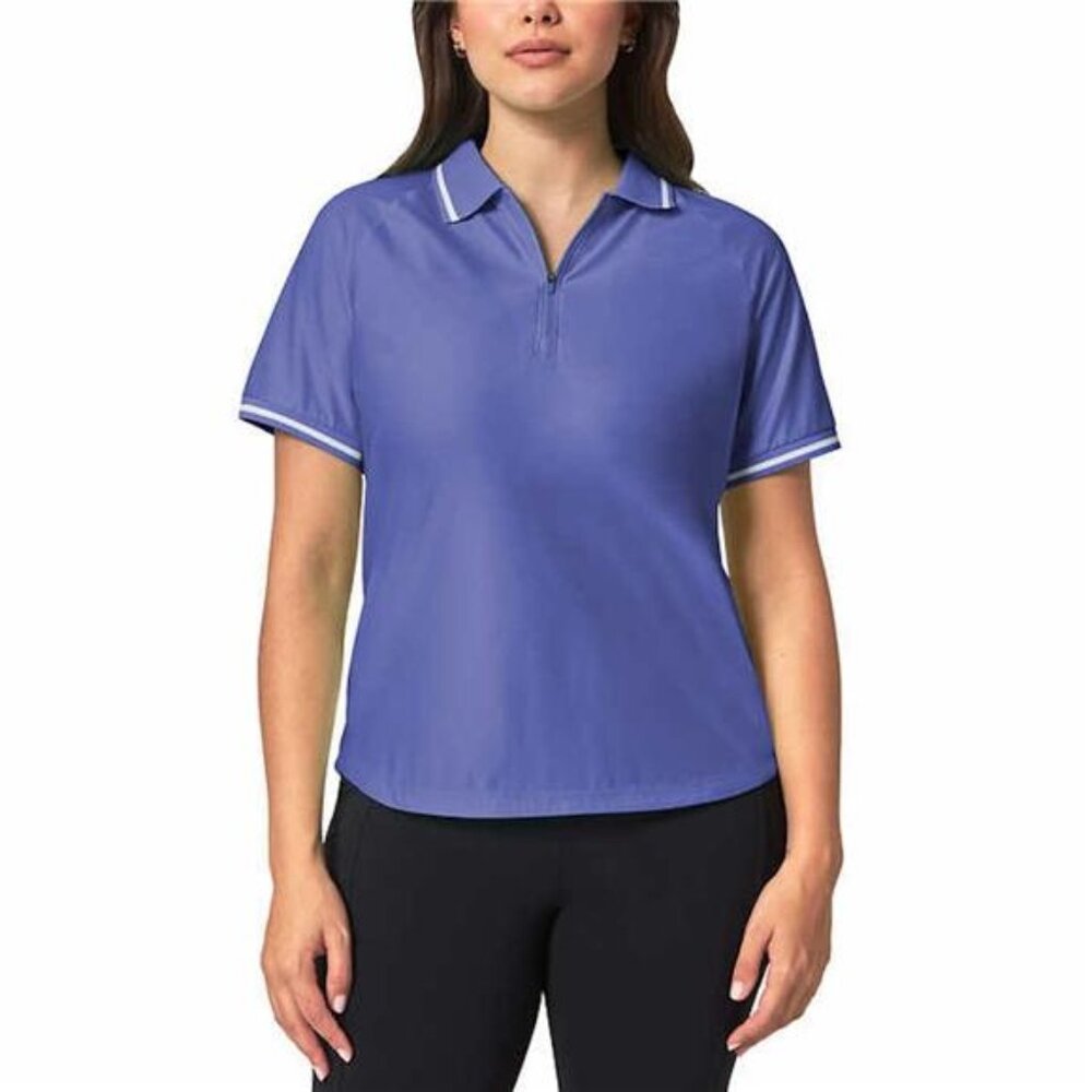 Mondetta Ladies Collared Zip Front Tee1/4 Short Sleeve Polo Shirt (Blue, Medium)